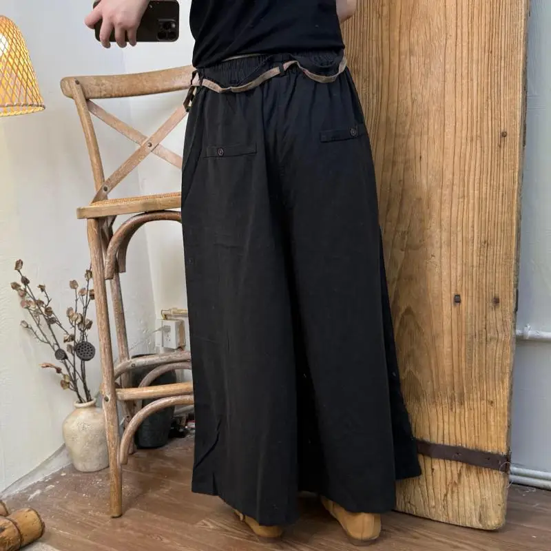 Spring Summer Arts Style Women Elastic Waist Loose Casual Trousers Good Quality Cotton Linen Vintage Black Wide Leg Pants TH149