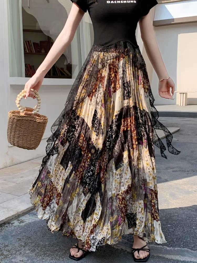 Women's Bohemian Summer Chiffon Maxi Skirt - High Waist A-Line Pleated Patchwork Flowy Full Swing Skirt, Versatile Casual Style