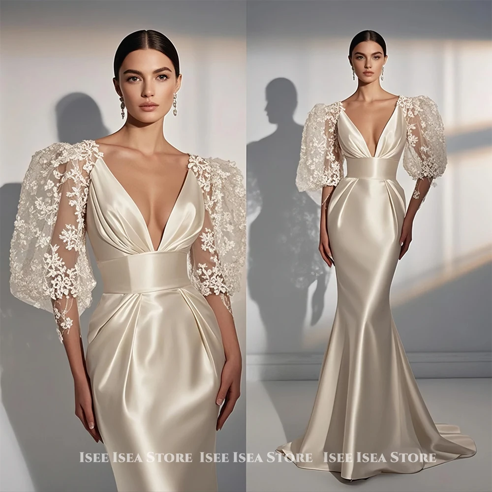Vestidos de Noche de sirena de encaje satinado con mangas abullonadas, vestido de baile Formal, espalda Sexy, cuello en V, elegante vestido de cumpleaños para mujer personalizado