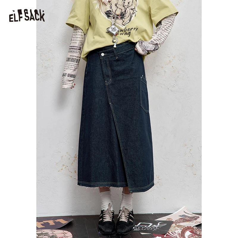 

ELFSACK 2025 Autumn New Arrival Y2K Casual Dark Wash Denim Asymmetrical Maxi Skirt Streetwear For Woman