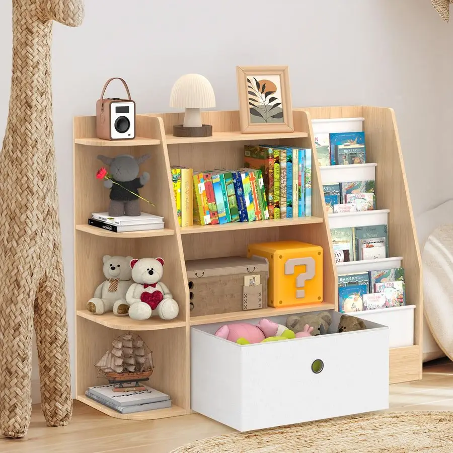 

Bookshelf and Toy Storage,4 Tier Wooden Kids Book Shelf,Large Childrens Bookshelf with Drawers,Open Bookcase amp Storage Organi