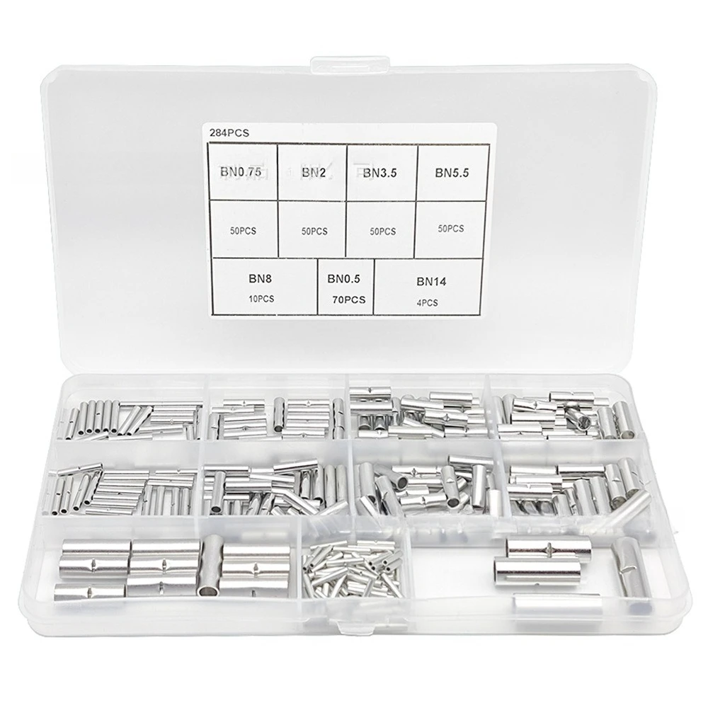 284PCS BN0.5-14 Bare Red Copper Butt Splice Terminals, Uninsulated Middle Wire Crimp Splice Tube Connectors