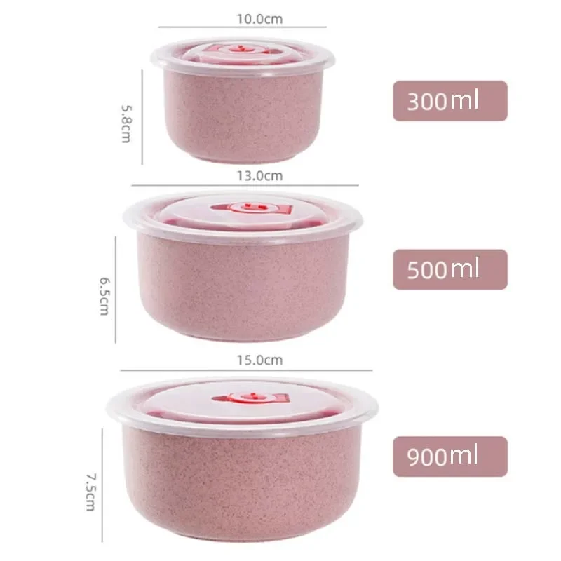 3PCS/Set Wheat Lunch Bowl Box Round Lunch Box With Lid Can Be Microwave Sealed Bowl Kitchen Supplies Storage Box