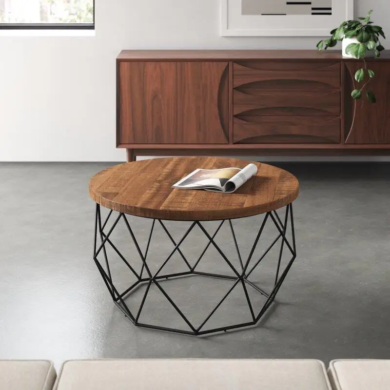 American retro round coffee table, solid wood, iron craft style, tea table, old creative small apartment tea table, home low tab