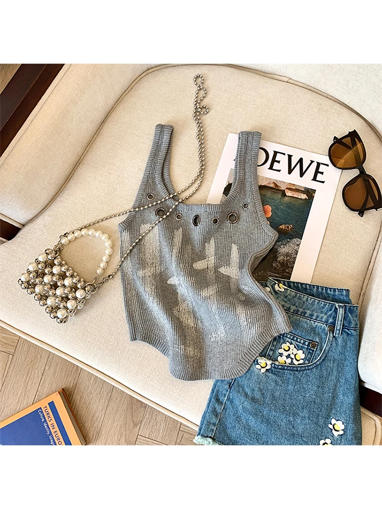 Summer Women Dark Academia Knit Tank Top Japanese Y2k Fashion Crop Tops Coquette Vest 2000s Gyaru Hot Sexy Stretch Grunge Punk