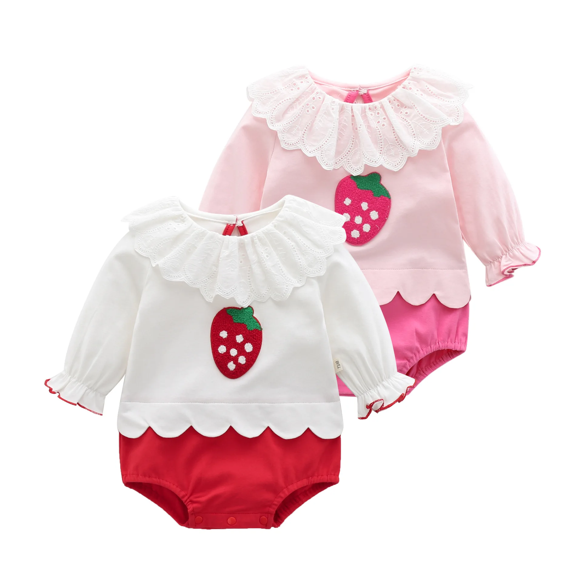 Spring Autumn Baby Girls Rompers Cotton Spliced Infant Girls Bodysuit Strawberry Long Sleeved Stylish Lace Newborn Girl Outfits