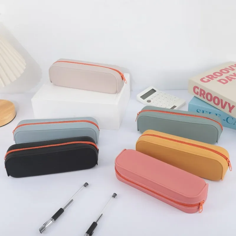 1 Portable Rectangular Silicone Pencil Case, Zipper Pencil Case, Soft Waterproof Stationery Bag, Student School Office Supplies