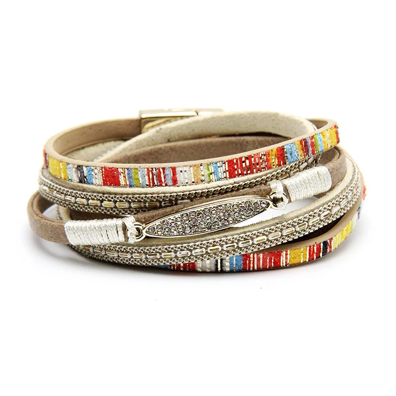 ALLYES Vintage Colorful Leather Bracelet for Women Boho Inlaid Rhinestone Long Chain Multilayer Wrap Bracelets Charm Jewelry