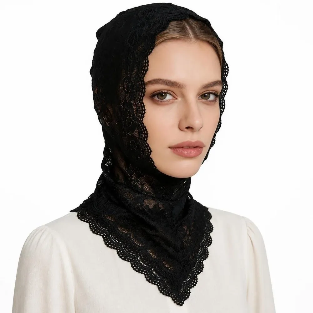 Lace Decorative Turban Caps Neck Warmer Headwear Black White Head Scarf Floral Print Stretch Soft Face Exposure Headwear