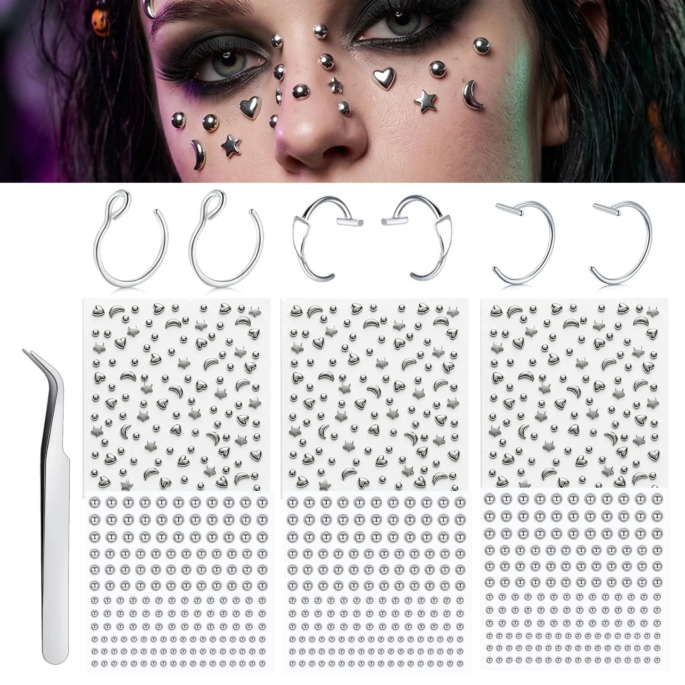Fake Piercings Balls Stick on Nose Stud Fake Eyebrow Lip Hoop Labret Stud Adhesive Star Face Gems Rhinestone Makeup Stickers