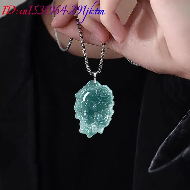 Natural Burmese Jadeite Skull Pendant Necklace Fashion Vintage 925 Silver Real Jade Designer Luxury Gemstone Gifts for Women view 4