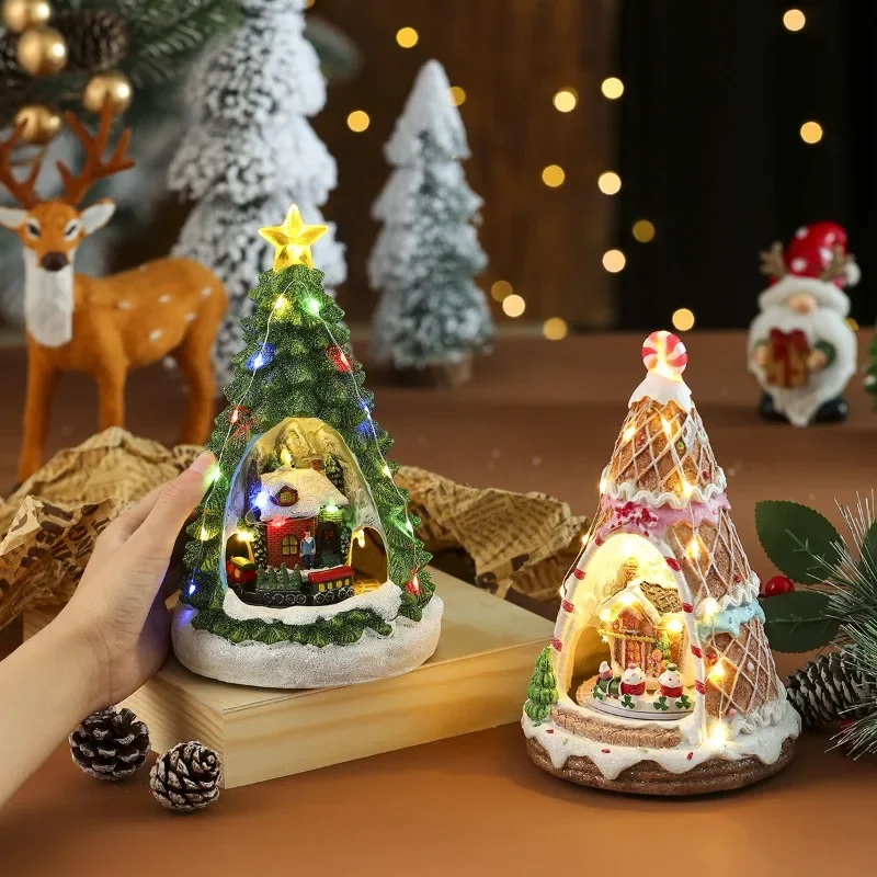 Christmas Music Box Resin Rotating Train LED Night Light Musical Ornament Xmas Gift Tabletop Home Holiday Party Decoration