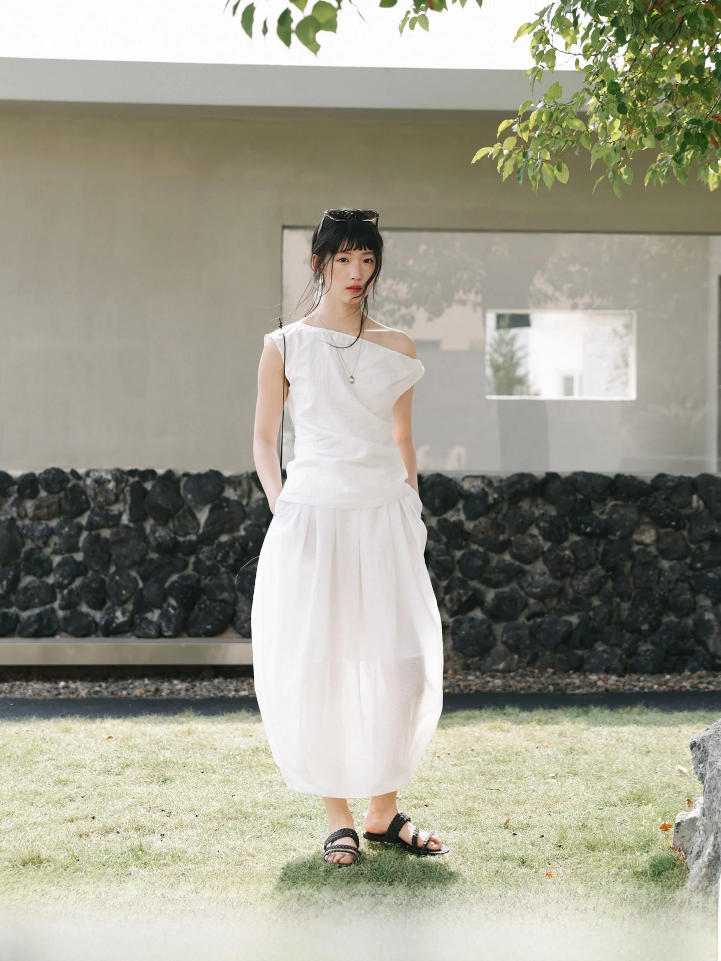 

Artistic Summer Initial Draft Plaid Texture Slight Wrinkle Shoulder Twist Skirt Set Women's Fashion Breathable Lightweight Co...