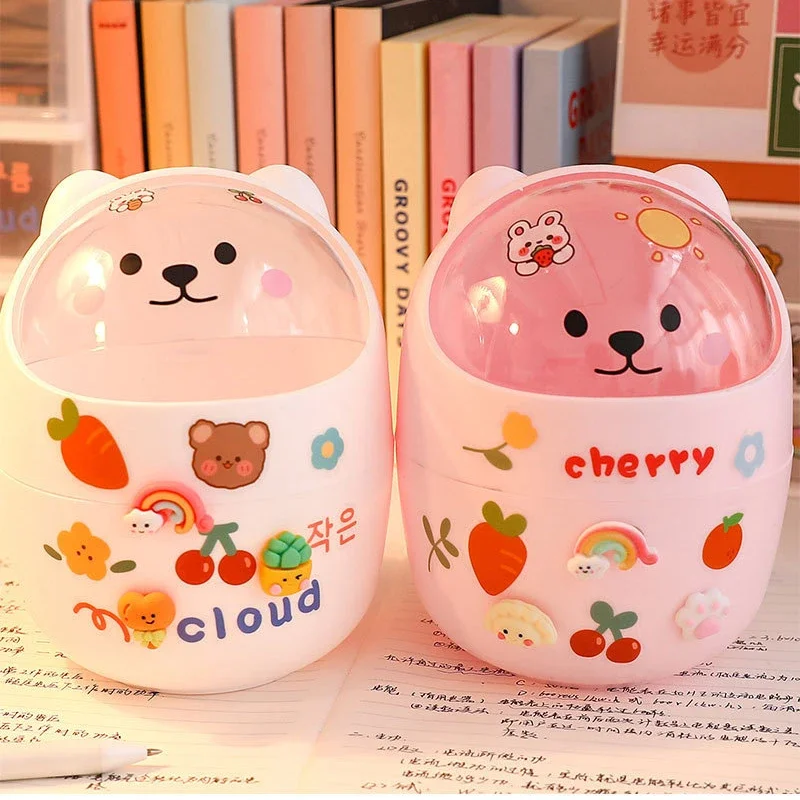 Ins Style Creative لطيف سطح المكتب المنزلي مع غطاء سلة المهملات صغيرة صغيرة Kawaii غرفة نوم مكتب صندوق تخزين حامل قلم إعطاء ملصق #4