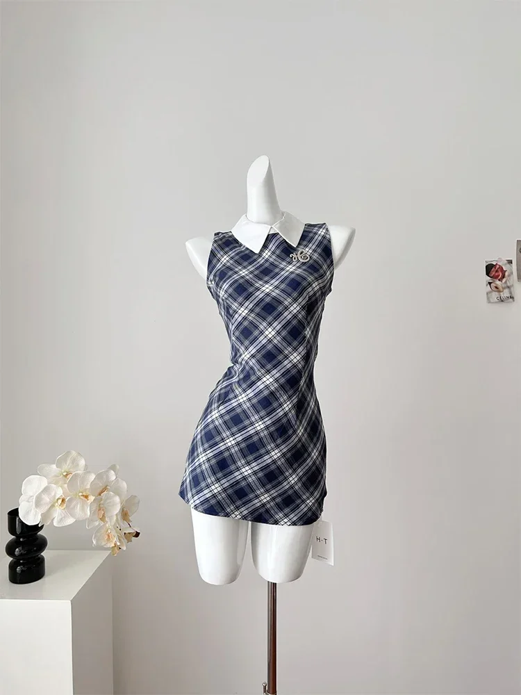 Summer Sweet Print Plaid Dress Women Elegant Sexy Sleeveless Strap Dress Female Korean Fashion Design Kawaii Lace Dress 2024 New