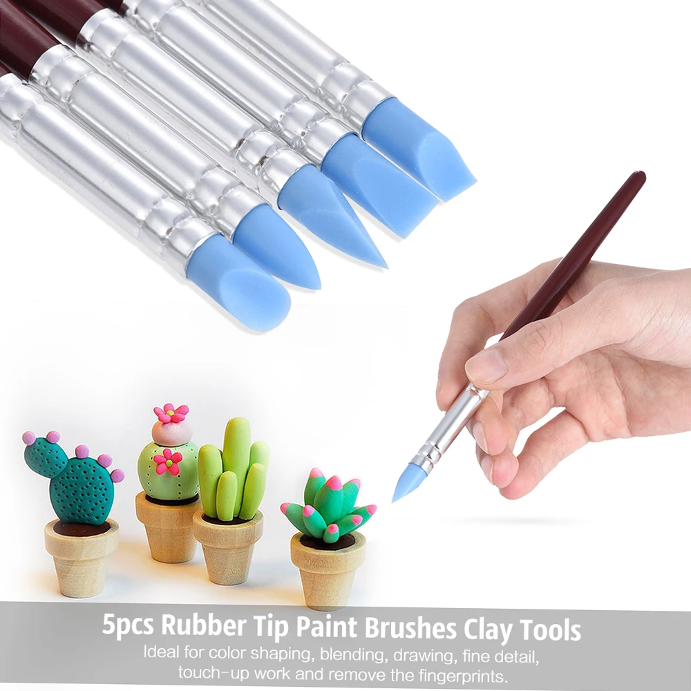 5pcs Rubber Tip Paint Brushes Clay Tools for Sculpture Pottery Color Shaping Blending Drawing Modeling Remove Fingerprints