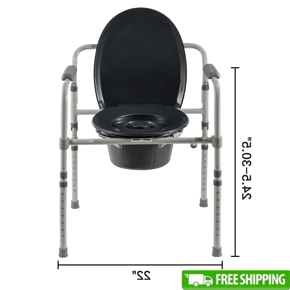 

Foldable 3-in-1 Steel Bedside Toilet Commode 400 lb Capacity Adjustable Height Armrests Splash Guard Easy Storage Transport