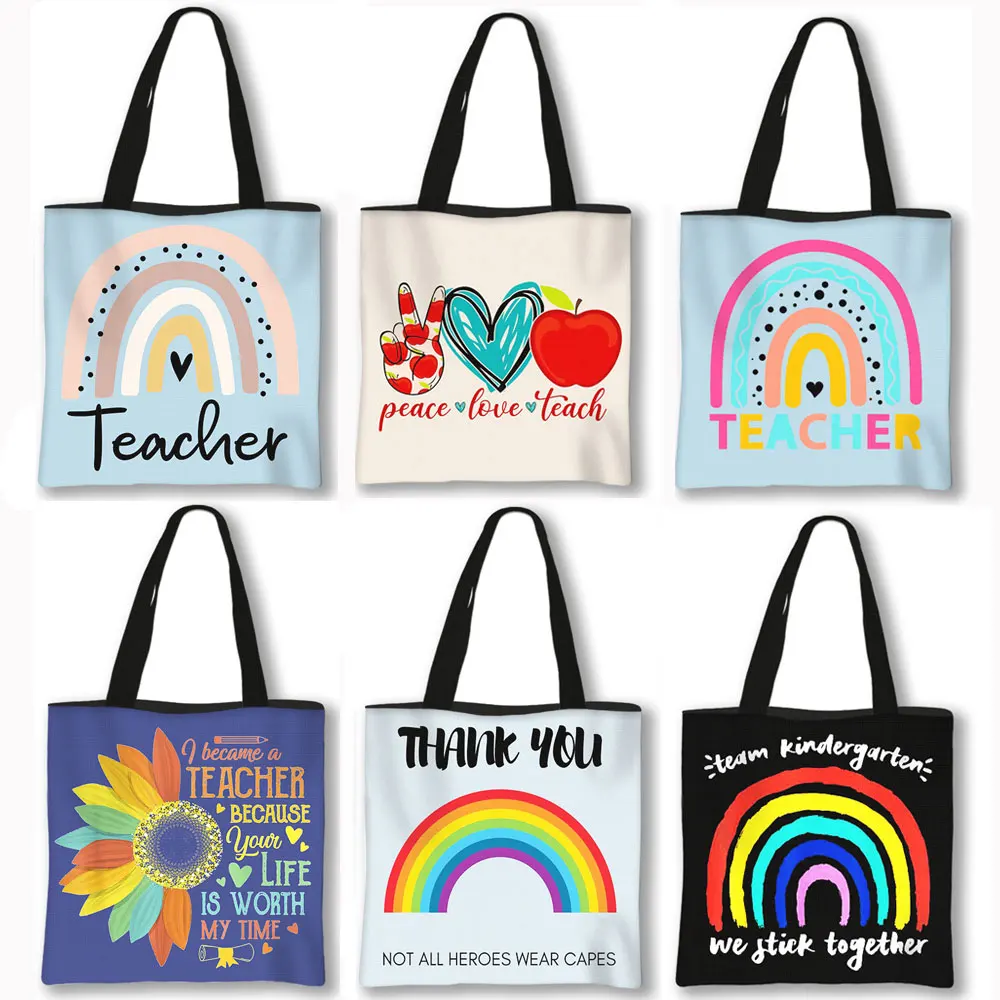 Kawaii Rainbow Teacher Shopping Bags Women Totes Thank You Teacher Shoulder Bags for Travel Girls Handbags Canvas Shopper Bag