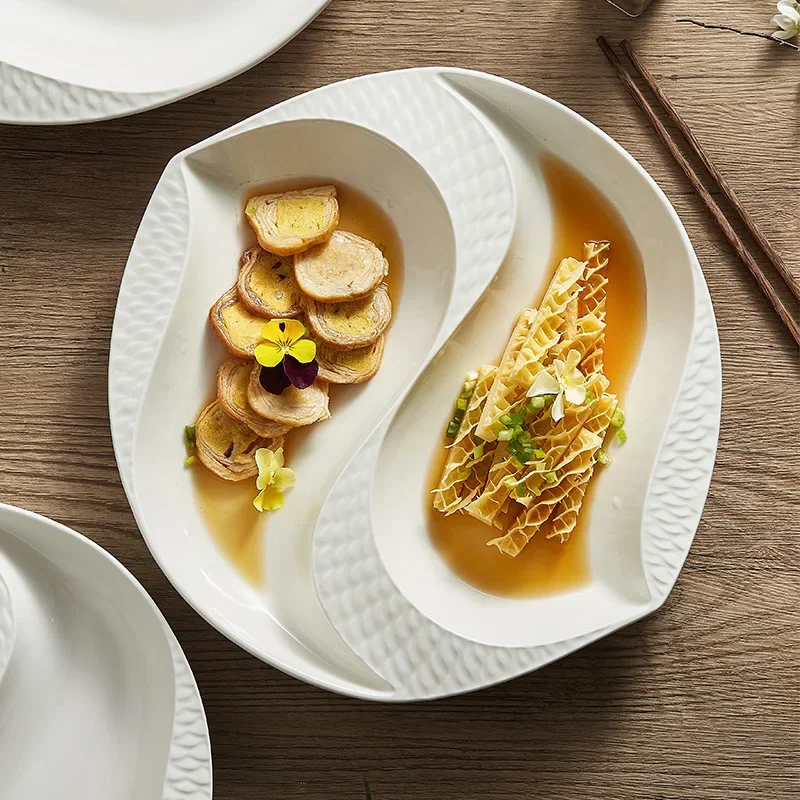 Creative Split-Compartment Ceramic Plates - Irregular White Double-Sided Dishes for Home, Artistic Cold Dish Presentation