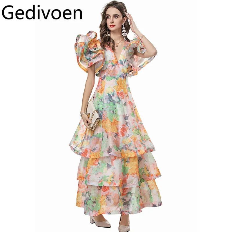 

Gedivoen Elegant Butterfly sleeve Deep V-Neck Tiered Ruffles Maxi Dress Women Slim Fashion Print Ball Gown S-4XL Dresses