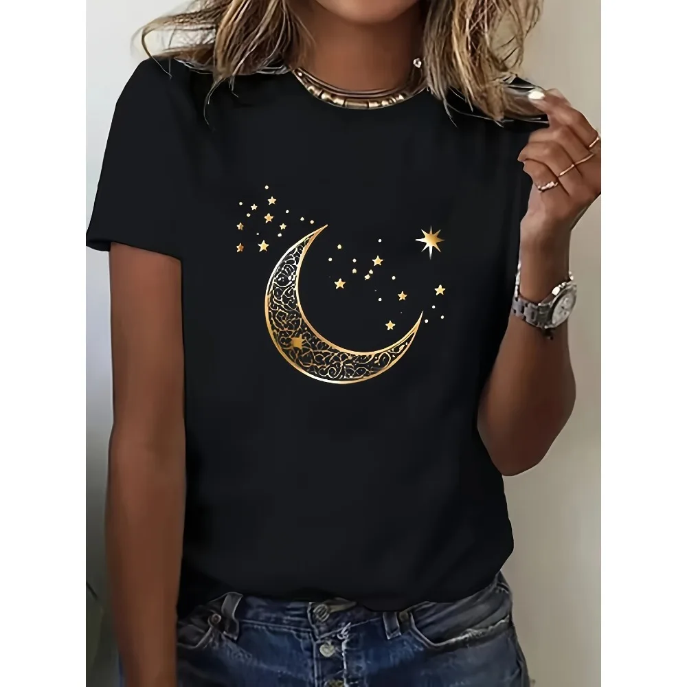Women'S Casual Crew Neck Short Sleeve  ASize Women's Star and Moon Print T-Shirt  Bohemian Golden Moon and Stars Pattern Top