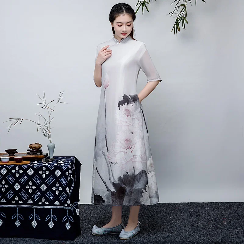 Traditional Chinese Dress Qipao Improved Cheongsam Floral Oriental Dress Long Chinese Robe Vintage Femme Ao Dai Dress 10584