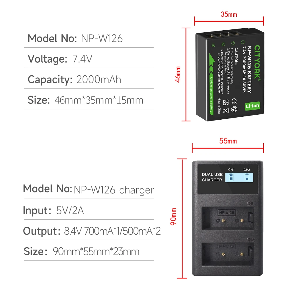 NP-W126 NP-W126S NP W126 Battery+LED Charger for Fujifilm XT30II XM5 X100VI X100V XS10 XT30 XT20 XE4 X100F X-PRO1 X-A1 Cameras