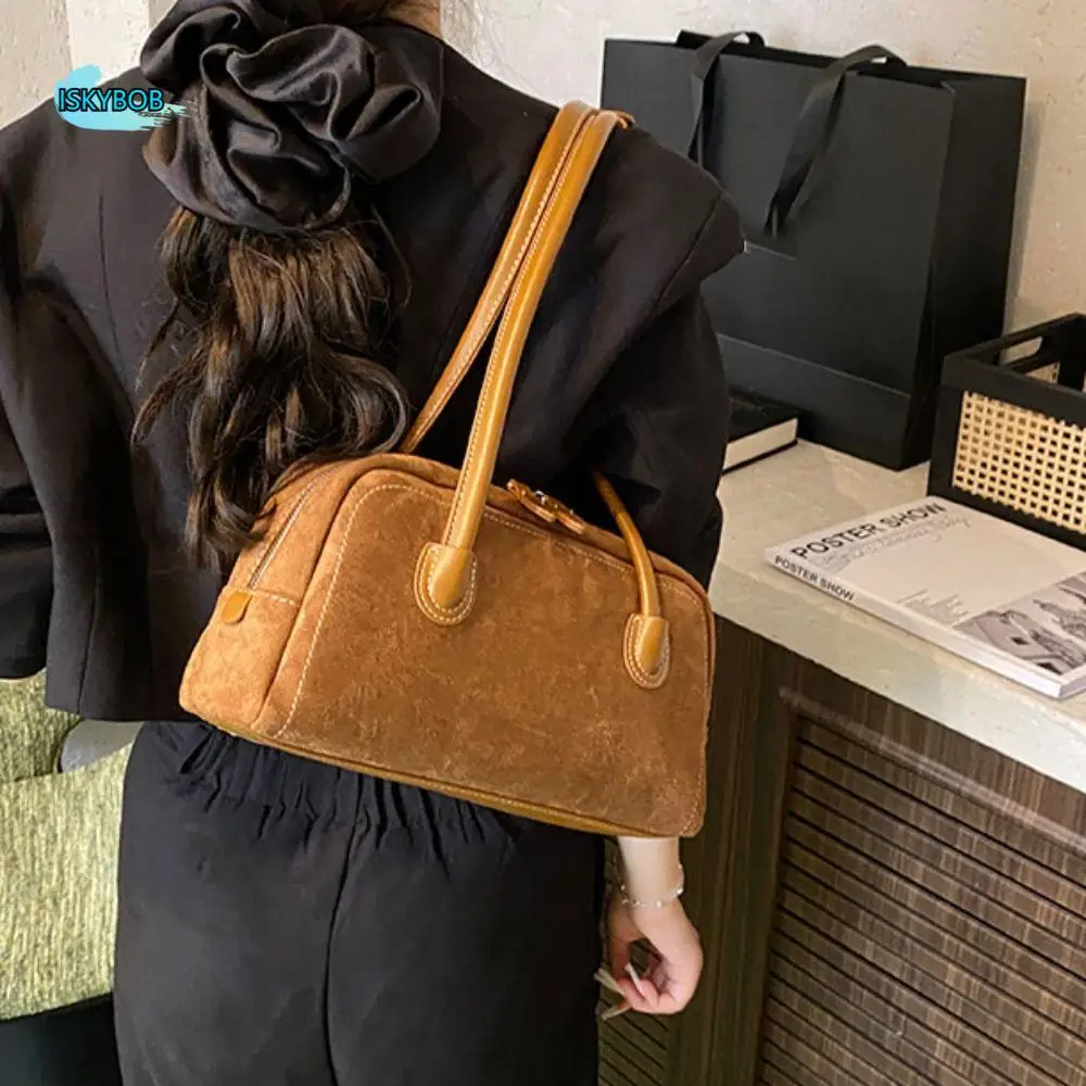 

Vintage French Style Pu Bowling Bag Suede Elegant Boston Shoulder Bag Large Capacity PU Leather Women Handbags Armpit Bag