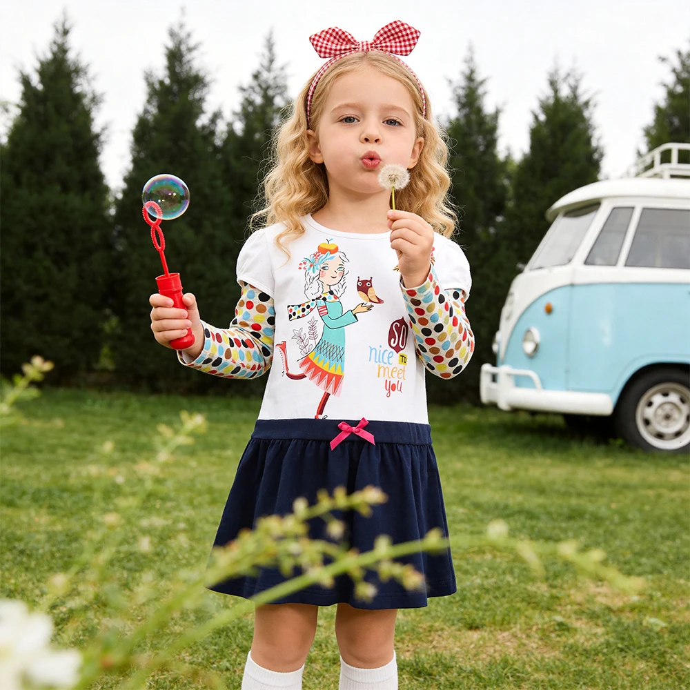 DXTON Long Sleeve Children Dress Colorful Dot Cotton Patchwork Baby Girls Dresses A-line Kids Casual School Letter Print Clothes