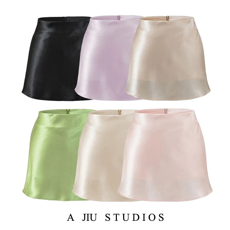 Glossy Satin High Waist A-Line Skirt Women's Summer Slimming Flattering Short Skirt Anti-Light Wrap around Skirt