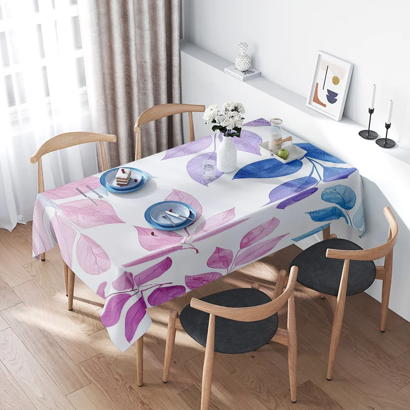 

Fashion Floral Printed Tablecloth: Pink Blue Leaves Design for Dining Room Home Decor Non-Slip Waterproof Fabric, Washable/Table