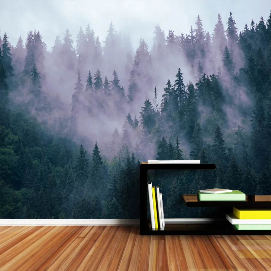 10+ Waterproof Scenery Foggy Forest Wallpaper Home Decor for Living Room,Peel n Stick Vinyl Optional, Landscape Renovation Mural
