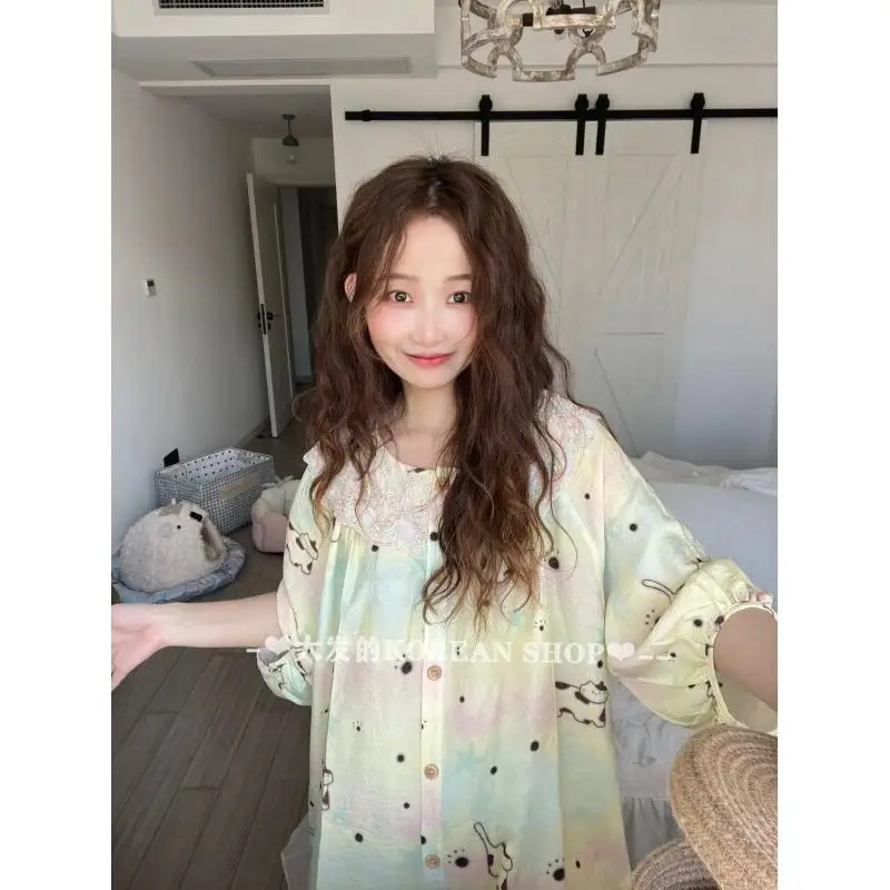 Summer Thin Long Sleeve Women's Nightgown Sweet Lace Home Clothes Outdoor Wearable Polyester round Neck Mid-length Dress