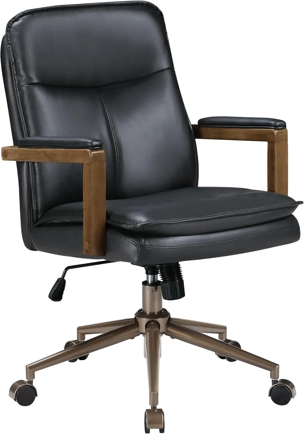 

Woodlands Adjustable Height And Tilt, Swivel Home Office Chair With Padded Wood Arms, Black Faux Leather