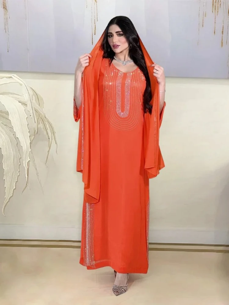 2025 New Purple Orange Muslim Summer Autumn Elegant Long Sleeve V-neck Polyester Long Dress Maxi Dress Muslim Fashion Dresses