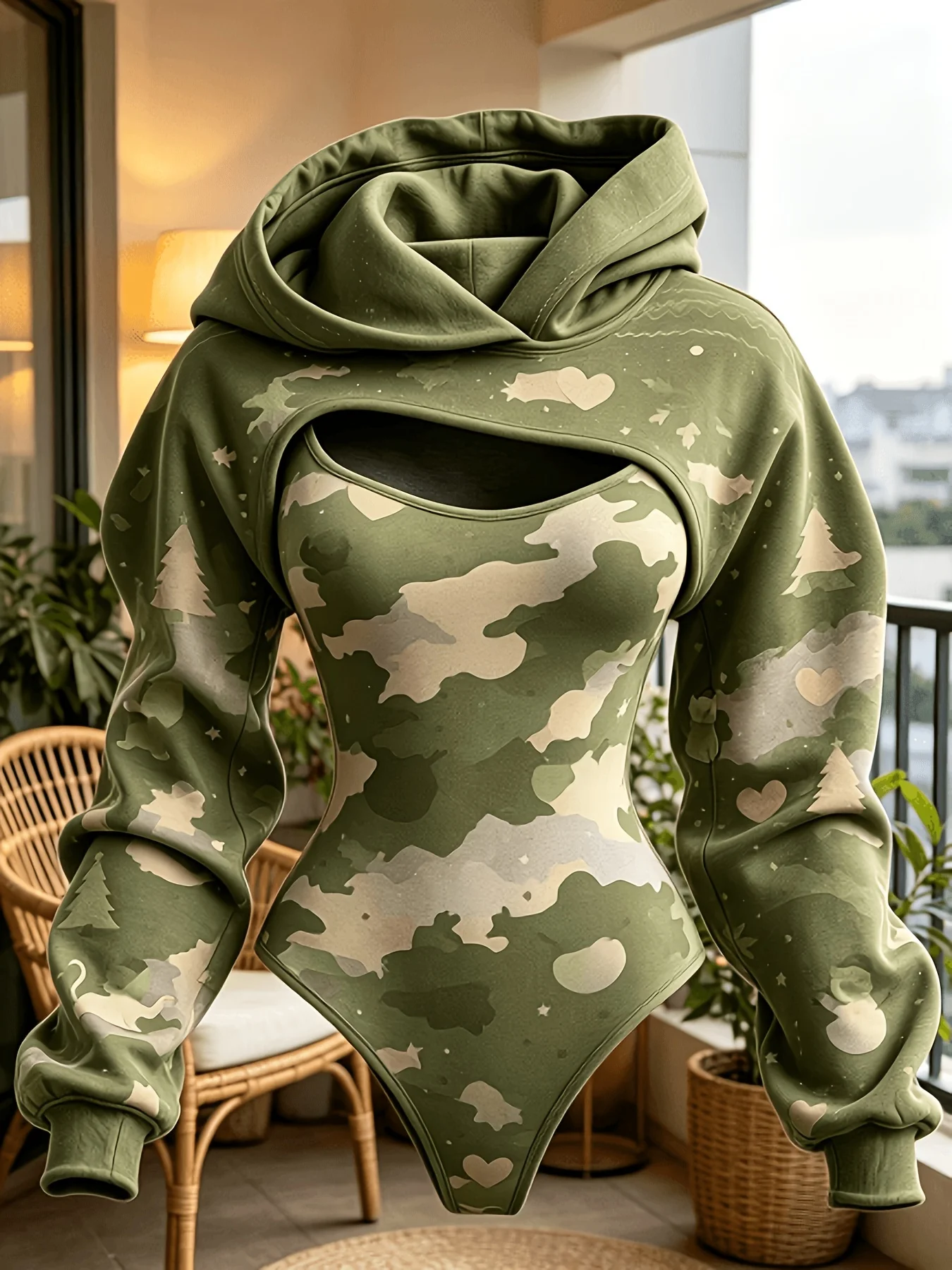 2026 New Women Hooded Camo Tree Heart Print Long Sleeve Two Piece Bodysuit Cutouts Party Wear Autumn Winter Fashion Women's Top