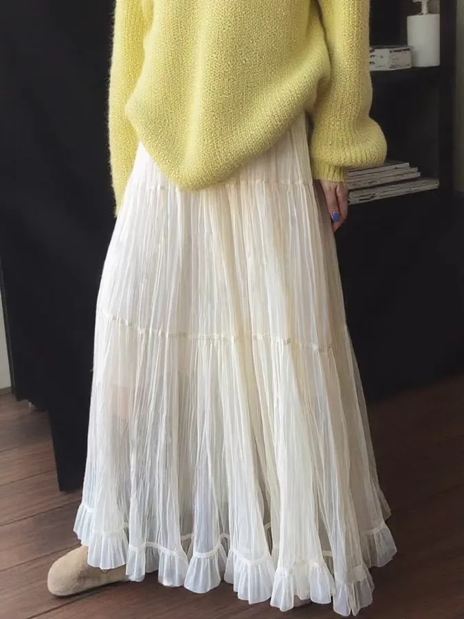 

Летняя плиссированная шифоновая юбка А-силуэта миди, больших размеров, женская модная юбка-зонтик с эффектом похудения, с высокой талией, длинная юбка