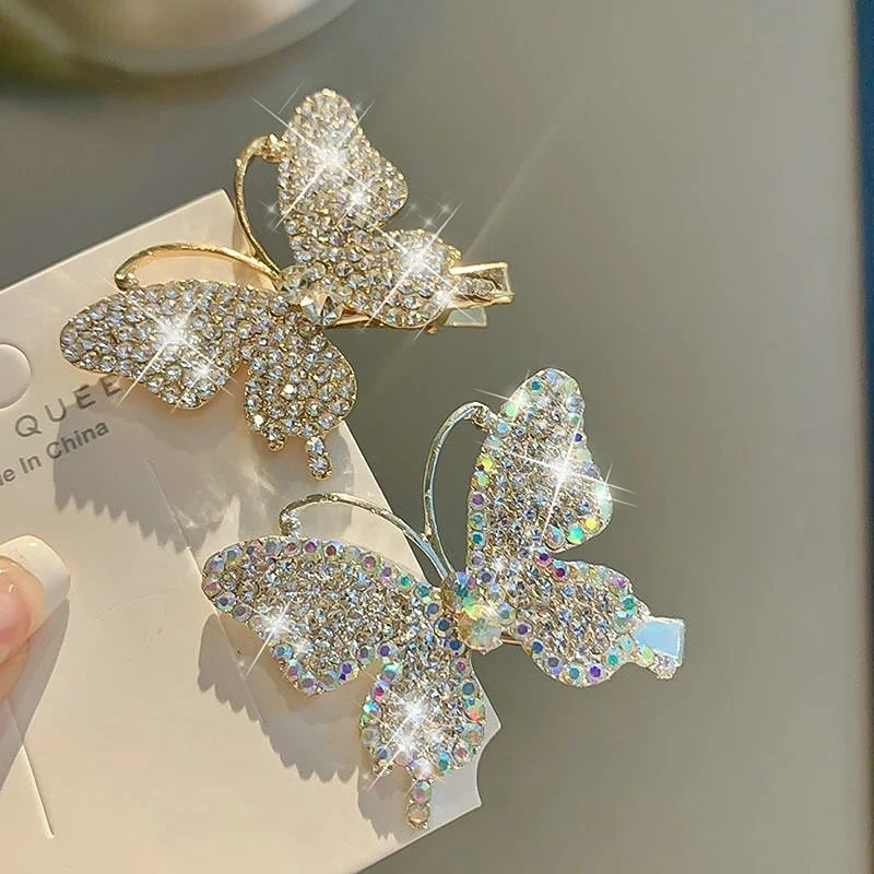 Franja clipe brilho moverá simulação borboleta hairpin para mulheres menina cocar strass duckbill clipe segurar acessórios de cabelo