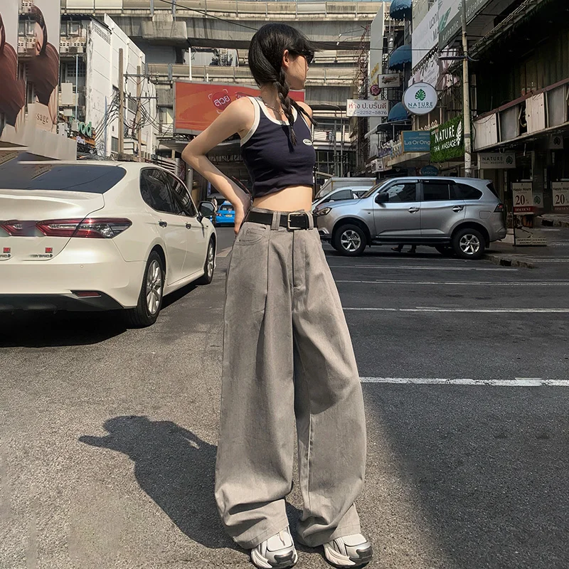 

Cargo Pants Women Retro High Waisted Loose Grey Wide Leg Pants with A Draping Feel and A Straight Leg Casual Womens Clothing