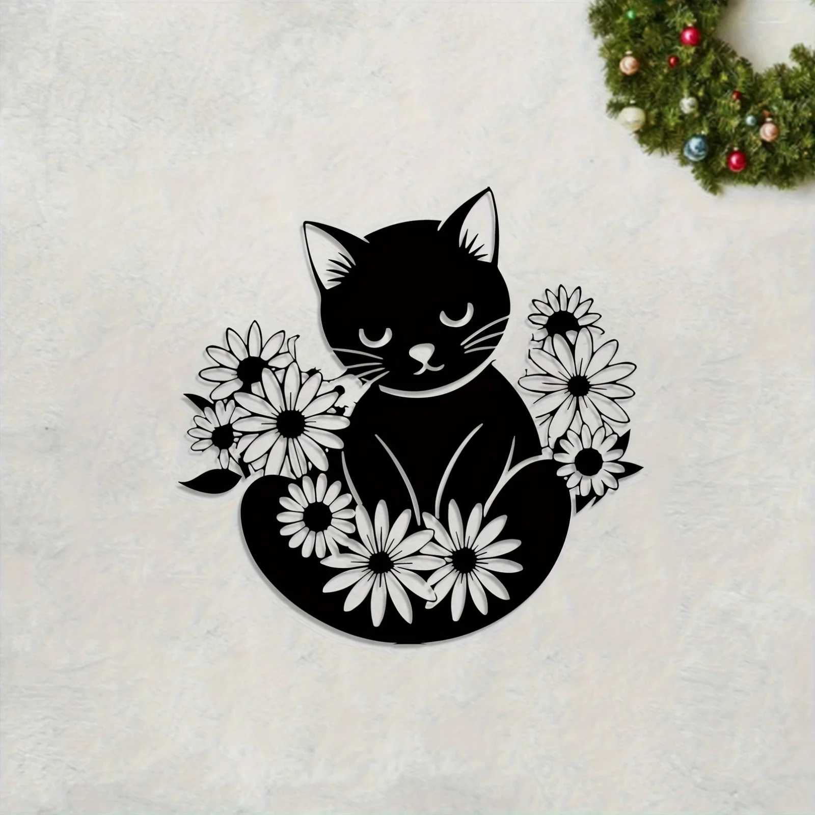 Charming Black Cat Daisy Aluminum Wall Art 12x16in Waterproof Durable Metal Decor for Living Room Bedroom Patio Garden