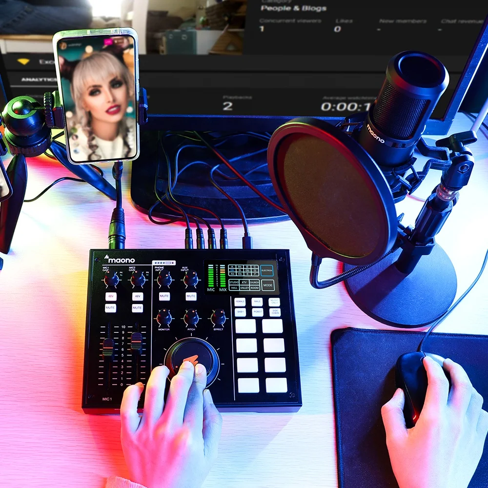 MAONO Scheda audio Registrazione Interfaccia audio Mixer Scheda audio esterna Streamer live con mixer podcast con riduzione del rumore