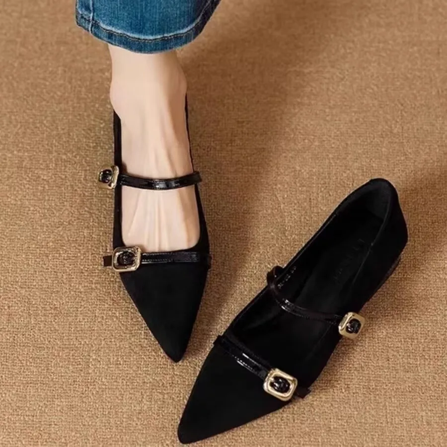 Sepatu Hak Rendah Model Single Leopard Suede Ujung Runcing Mulut Sepatu Rendah Gesper Tali Sol Lembut Anti Selip Hak Blok