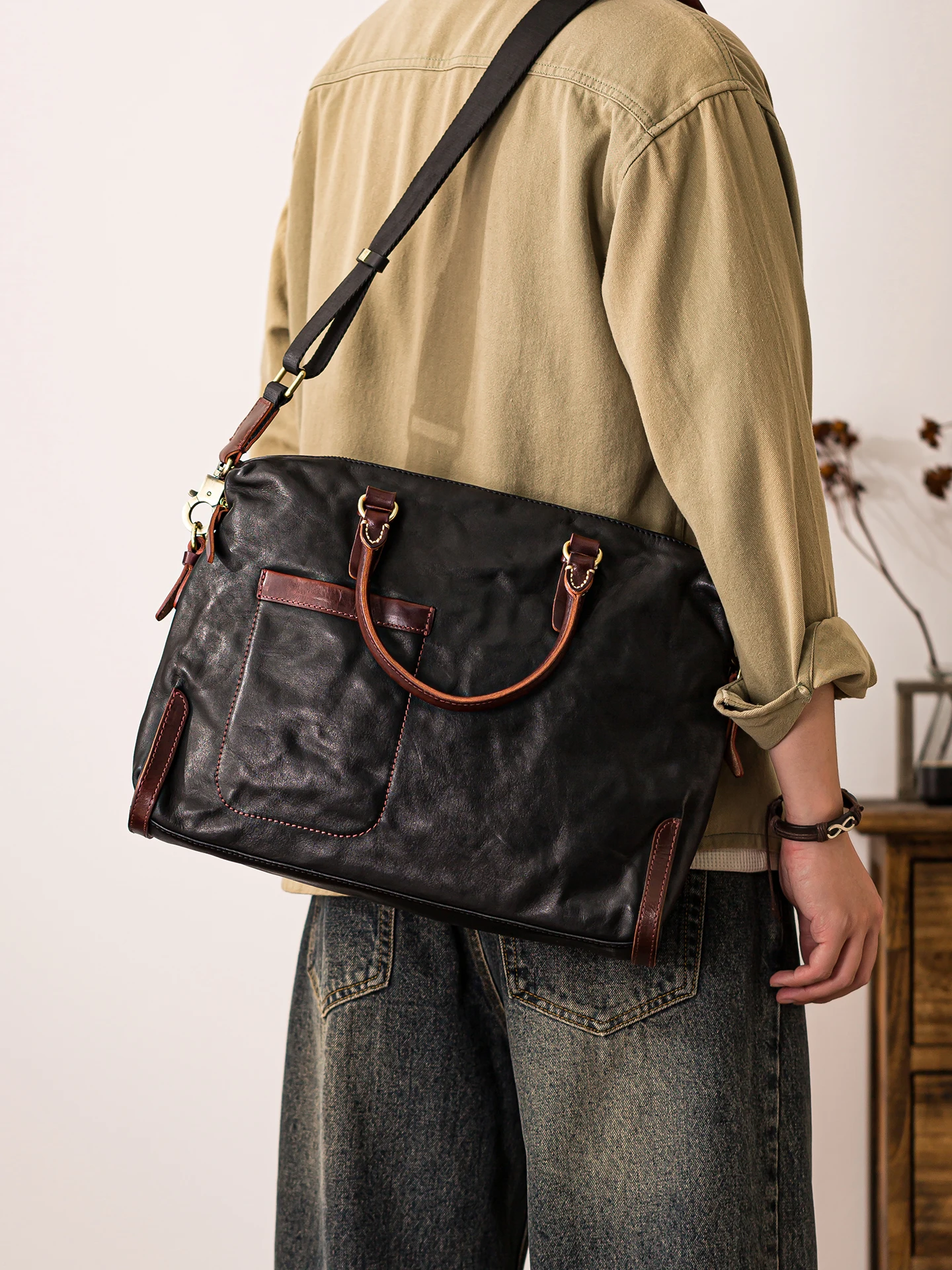 casual work high quality first layer cowhide men's briefcase fashion vintage genuine leather laptop handbag messenger bag