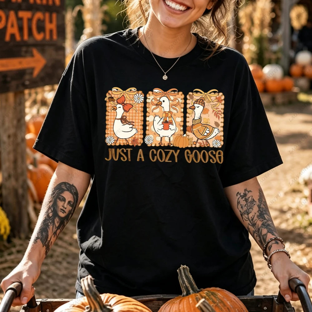 Just A Cozy Goose Three Framed Geese Autumn Graphic Women Casual Short Sleeve T-Shirt Cute Fall Animal Funny Thanksgiving Top