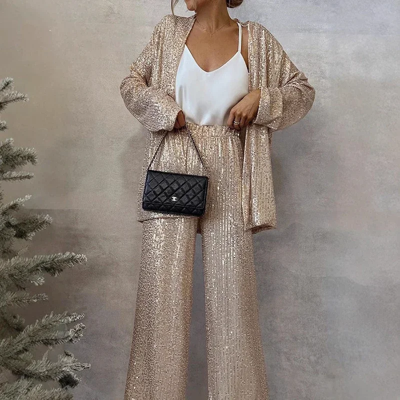 

Сверкающие комплекты с блестками и буксирными предметами, пальто с длинными рукавами, топ, широкие брюки, комплект для женщин, корейский стиль, женская элегантная мода