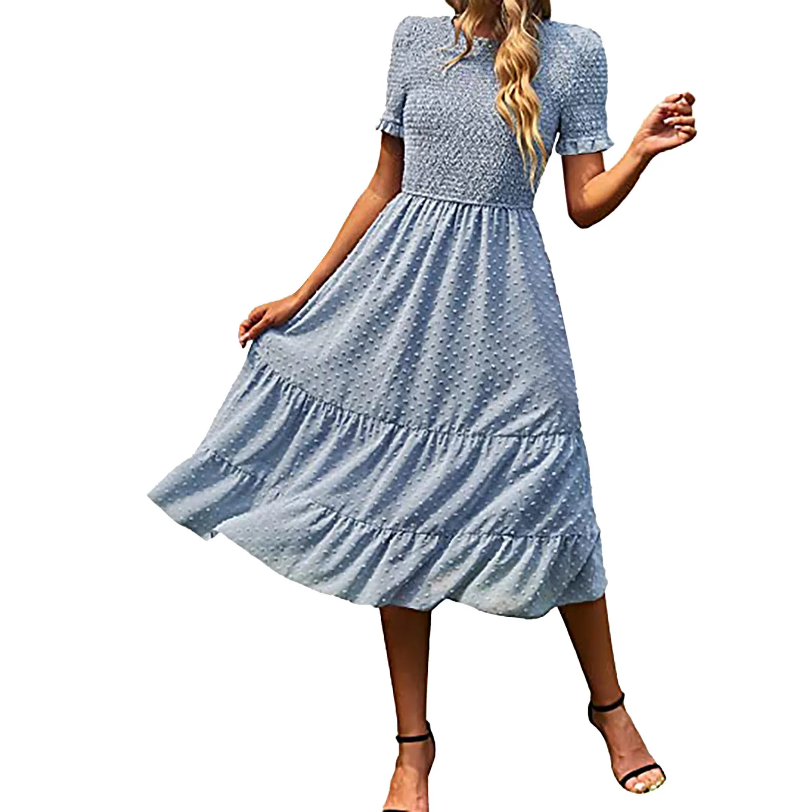 2023 New Summer Women Casual Boho Short Sleeve Jacquard Smocked Midi Dress Crew Neck Casual Tiered Dresses Vestidos Mujer