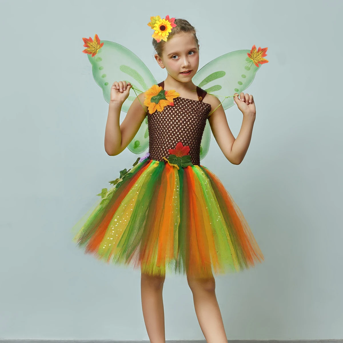 Autumn Maple Leaves Fairy Tutu Dress Girls Forest Woodland Elf Princess Costume with Wings Children Halloween Carnival Outfit