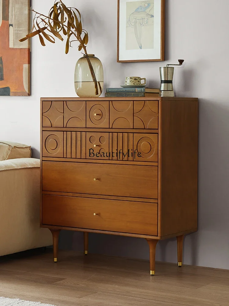 Nordic modern light luxury four-chest cabinet boxwood medium and ancient style carved storage against the wall storage cabinet