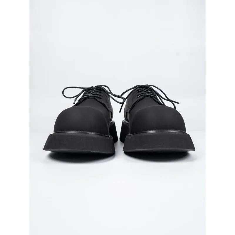 Mickey Big Toe Thick Soled Men Derby Shoes Matte Black Casual Height Increasing Small Personality Fashionable Couple Shoes