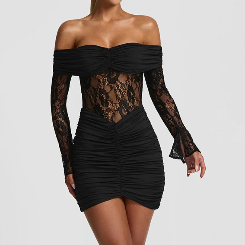 

Элегантное платье в стиле Y2K с открытыми плечами, в европейском и американском стиле, с одним открытым плечом, в стиле пэчворк, с кружевом, винтажное, модное, сексуальное, короткое.